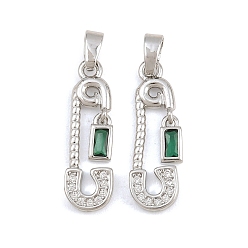 Platinum Brass Micro Pave Green Cubic Zirconia Pendants, Safety Pin with Rectangle Charms, Platinum, 22x7x1.8mm, Hole: 5x3mm
