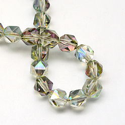 Medium Sea Green Electroplate Glass Beads Strands, Rainbow Plated, Faceted Polygon, Medium Sea Green, 9.5~10x9.5x9.5mm, Hole: 1.5mm, about 60pcs/strand, 23.6 inch