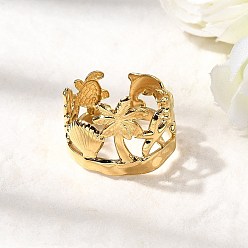 Настоящее золото 18K 304 из нержавеющей стали Манжета кольца для женщин, формы кокосовой пальмы и ракушки, реальный 18 k позолоченный, 17 мм