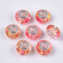 Mixed Color Resin European Beads, Large Hole Beads, with Silver Color Plated Brass Cores, Rondelle, Mixed Color, 14x8.5~9mm, Hole: 5mm