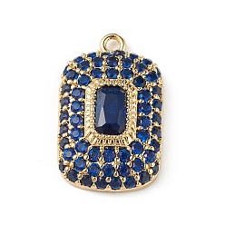 Blue Rack Plating Brass Micro Pave Cubic Zirconia Pendants, Rectangle Charm, Cadmium Free & Lead Free, Long-Lasting Plated, Real 18K Gold Plated, Blue, 17x10x4mm, Hole: 1mm
