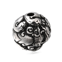Античное Серебро Гравированные 304 бусины из нержавеющей стали, круглые с цветочным узором, античное серебро, 10.5x10 мм, отверстие : 1.8 мм