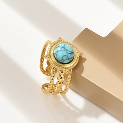 Круглые Кольца из натуральной бирюзы, 304 открытые манжеты из нержавеющей стали, реальный 18 k позолоченный, круглые, круглый : 16.5x16.5 мм, регулируемый