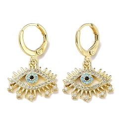 Colorful Golden Brass Dangle Leverback Earrings, with Cubic Zirconia, Evil Eye, Colorful, 29x17mm