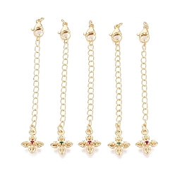 Golden Brass Curb Chain Extender, End Chains with Lobster Claw Clasps and Cross Cubic Zirconia Charms, Golden, 74mm, Hole: 2.4mm