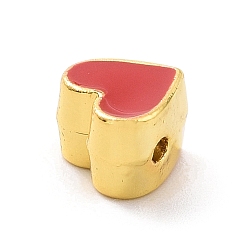 Red Eco-friendly Rack Plating Brass Enamel Beads, Cadmium Free & Lead Free, Long-Lasting Plated, Real 18K Gold Plated, Heart, Red, 7x7.5x5mm, Hole: 1.2mm