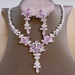 Фиолетовый Ожерелья с подвесками и серьги-гвоздики из латуни с цветочным узором и стразами, серебряные, фиолетовые, 420 мм