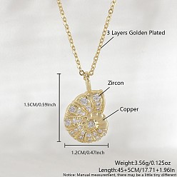 Shell Shape Ожерелья с подвесками Ocean Summer из латуни с прозрачными кубическими цирконами и паве, золотые, формы раковины, 17.72 дюйм (45 см), Кулон : 15x12 мм