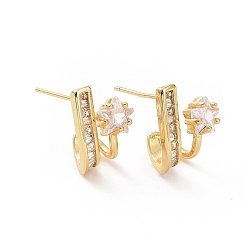 Golden Clear Cubic Zirconia Star Stud Earrings, Brass Jewelry for Women, Golden, 15x12mm, Pin: 0.8mm