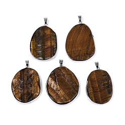 Тигровый глаз Природных тигровый глаз подвески, латунные подвески в виде самородков в оправе, с кнопкой на поруки, платина, 41~67x27~42x4~11 мм, отверстие : 7x3.5 мм