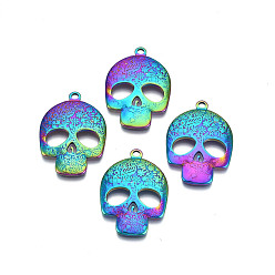 Rainbow Color Ion Plating(IP) 201 Stainless Steel Pendants, Skull, Rainbow Color, 30x21.5x3mm, Hole: 2mm