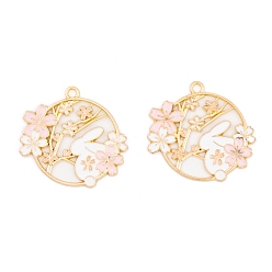 Розовый Стойки обшивки сплава эмали подвески, золотые, Плоская круглая подвеска с кроликом и цветком, туманная роза, 28.5x30x1.5 мм, отверстие : 2 мм