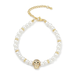 Реактивный Самолет Браслеты с подвесками из латуни с микропаве из кубического циркония, с abs имитационными жемчужными бусинами , без кадмия и без свинца, долговечный, реальный 18 k позолоченный, череп, струя, 7-1/4 дюйм (18.3 см)