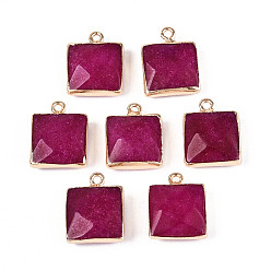 Белый Нефрит Граненые подвески из натурального окрашенного белого нефрита, квадратные латунные подвески, золотые, средне фиолетовый красный, 18x14~15x6~6.5 мм, отверстие : 1.8 мм