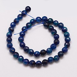 Prussian Blue Natural Striped Agate/Banded Agate Bead Strands, Dyed, Faceted, Round, Prussian Blue, 8mm, Hole: 1mm, about 47pcs/strand, 14 inch