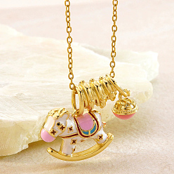 Золотой 304 Подвеска-колье из нержавеющей стали с эмалированным розовым кулоном в виде лошади для женщин, золотые, 16.22 дюйм (41.2 см)