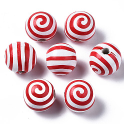 Красный Расписные европейские бусины из натурального дерева, бусины с большим отверстием, напечатанный, круглый с полосой, красные, 16x15 мм, отверстие : 4 мм