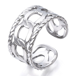 Stainless Steel Color Non-Tarnish 304 Stainless Steel Curb Chains Shape Open Cuff Ring, Hollow Chunky Ring for Women, Stainless Steel Color, US Size 7 3/4(17.9mm)