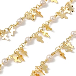 Настоящее золото 18K Латунные цепные цепи, с ABS имитации жемчуга, несварные, без кадмия, без никеля и без свинца, с катушкой, крестик, реальный 18 k позолоченный, 6.5x3.5x0.5 мм, около 32.81 футов (10 м) / рулон