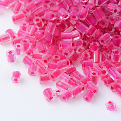Deep Pink Transparent Two Cut Glass Seed Beads, Round Hole, Dyed, Inside Color, Hexagon, Deep Pink, 2~6x2mm, Hole: 0.5mm, about 21000pcs/450g, 450g/bag