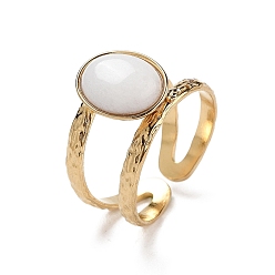 Белый Нефрит Ионное покрытие (ip) 304 открытые манжеты из нержавеющей стали, Женское кольцо из натурального белого нефрита овальной формы, реальный 18 k позолоченный, 11.5 мм, 6 шт / комплект