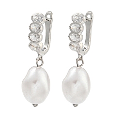 Платина Серьга-кольцо из латуни с микропаве, покрытие стойки, прозрачный кубический цирконий, без кадмия и без свинца, долговечный, с ABS имитации жемчуга, овальные, платина, 35x11 мм