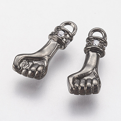 Черный Цвет Металла Латунные микро проложить кубического циркония подвески, кулак, металлический черный , 17x7x3.5 мм, отверстие : 2.5 мм