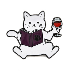 Темно-синий  Шифер Эмалированные значки с изображением кошки, читающей книгу, и красного вина., Черные металлические застежки для значков на лацкан для рюкзака или одежды, темный сланец синий, 26x31 мм
