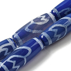 Цветок Нити синих бусин дзи в тибетском стиле, окрашенные естественный агат бисер пряди, форма барабана, цветок, 29~30x10 мм, отверстие : 1.4 мм, около 10 шт / нитка, 11.81 дюйм (30 см)