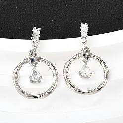 Платина Серьги-гвоздики с цирконом из латуни, плоский круг со слезой, платина, 23.5x14 мм