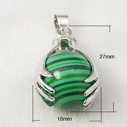 Малахит Драгоценный камень подвески, окрашенные, с медной фурнитурой и малахитом, круглые, платина, весенний зеленый, 27x18 мм, отверстие : 4x6 мм