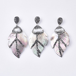 Black Lip Shell Black Lip Shell Big Pendants, with Platinum Tone Alloy Findings & Polymer Clay Rhinestones & Pearl, Leaf, 69~75x39~40x5~10mm, Hole: 3.5x7mm