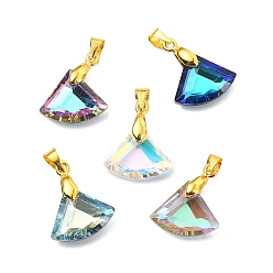 Золотой AB цвет гальваническим Гальваническим стеклянные подвески, фанатское очарование, с латунной поручительств, граненые, золотые, 12x15x4 мм, отверстие : 5x4 мм