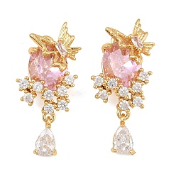 Pink Brass Micro Pave Cubic Zirconia Pendants, Oval with Butterfly Charms, Real 18K Gold Plated, Pink, 27x13x7.5mm, Hole: 1.4mm