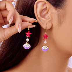 Красный Серьги-подвески из пластикового сплава с имитацией жемчуга, в форме раковины с морской звездой, золотые, с эмалью, красные, 85x15 мм