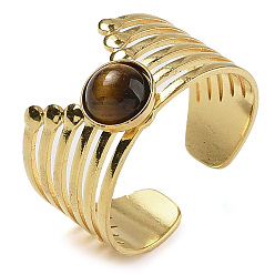 Тигровый глаз Натуральный тигровый глаз кольца палец, 304 Многослойные открытые манжетные кольца из нержавеющей стали с ионным покрытием (IP), реальный 18 k позолоченный, 13.5 мм, регулируемый