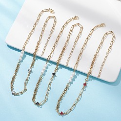 (52) Непрозрачная лаванда Ожерелья из цепочек со стеклянными звеньями из нержавеющей стали и круглым белым жемчугом и ромбами для женщин, золотые, разноцветные, 304 дюйм (16.38 см)