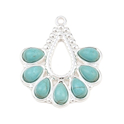 Серебро Богемный стиль 304 подвески из нержавеющей стали с окрашенной синтетической бирюзой, слезинки, серебряные, 35.5x31x4.5 мм, отверстие : 2 мм