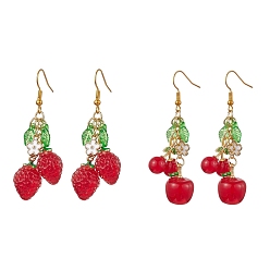 Red 2 Pairs 2 Style Cherry & Strawberry Glass Dangle Earrings, Cluster Earrings, Red, 55~60x12.5~13.5mm, 1 Pair/style