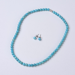 Synthetische Türkis Synthetischen Türkis-Schmuck-Sets, Perlenketten und Ohrstecker, mit Messing-Magnet schließen, facettiert, Runde, 17.09 Zoll (43.4 cm), 6.5 mm, Stift: 0.7 mm