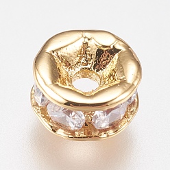Золотой Латунные микро проложить кубических циркония шарики прокладки, плоско-круглые, прозрачные, золотые, 6.5x3 мм, отверстие : 1.4 мм