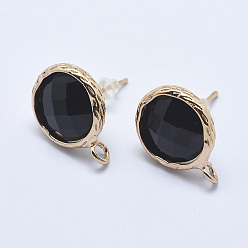 Black Brass Stud Earring Findings, with Loop, Long-Lasting Plated, with Glass, Faceted, Flat Round, Light Gold, Black, 18x14mm, Hole: 2mm, Pin: 0.7mm