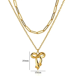 Настоящее золото 18K 304 кулон ожерелья из нержавеющей стали бантом, двухслойные ожерелья, реальный 18 k позолоченный, 15.55 дюйм (39.5 см), бант : 19.5x15.5 мм