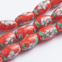 Цветок Ручной печатный шарики фарфора, овальные, цветочный узор, 14~16x8~9 мм, отверстие : 1.5~2 мм, около 23 шт / нитка, 13.5 дюйм (34 см)