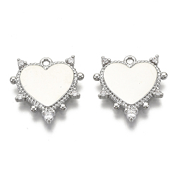 Real Platinum Plated Brass Micro Pave Clear Cubic Zirconia Pendants, Heart, Nickel Free, Real Platinum Plated, 17x17x2mm, Hole: 1.4mm