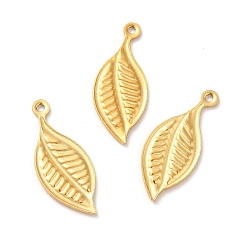 Golden Ion Plating(IP) 304 Stainless Steel Pendants, Leaf Charm, Golden, 19x8x1mm, Hole: 1mm