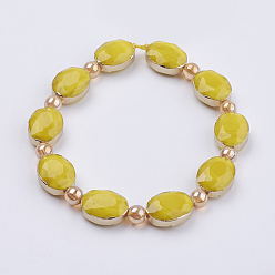 Gold Opaque Glass Beads Strands, with Brass Findings, Faceted, Oval, Golden, Gold, 12x16x7.5mm, Hole: 1mm, about 10pcs/strand, 8.2 inch (21cm)