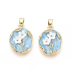 Oval Латунные микро проложить кубического циркония подвески, со смолой и эмалью, овальный и цветок, реальный 18 k позолоченный, овальные, 23x17x3.5 мм, отверстие : 5.5x2.5 мм