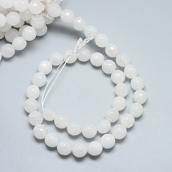 White Glass Beads Strands, Faceted, Round, White, 8~9mm, Hole: 1mm, about 45~47pcs/strand, 14.4~15.2 inch