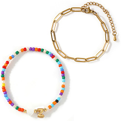 Letter Z 2шт. 2 стили, стеклянный бисер и натуральная ракушка, 304 бусины из нержавеющей стали, эластичный браслет и латунная цепочка-скрепка, набор браслетов для женщин, сердце, Письмо Z, 6.69 дюйм (17 см) ~ 6.89 дюйм (17.5 см)